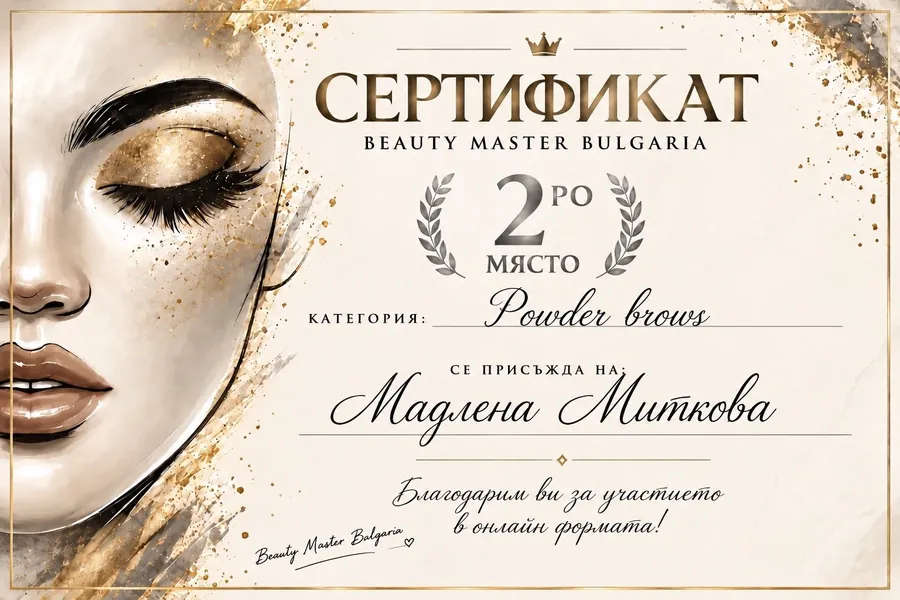 Сертификат 2-ро място — Powder brows, Beauty Master Bulgaria
